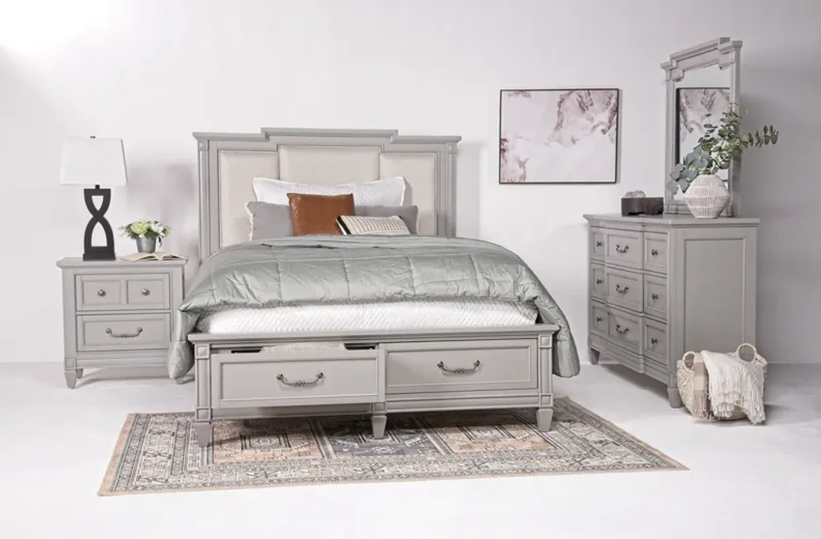 Willowbrook Upholstered Panel Bed w/ Storage, Dresser, Mirror & Nightstand in Pebble, Eastern King