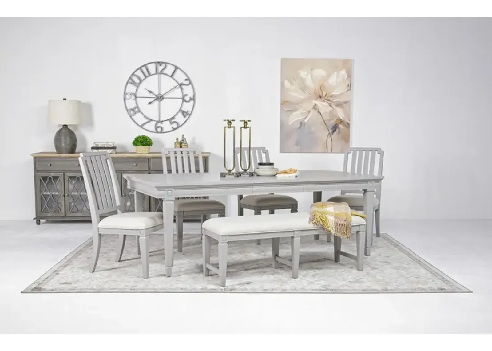 Willowbrook Dining Table, 4 Chairs & Bench in Pebble, Slat