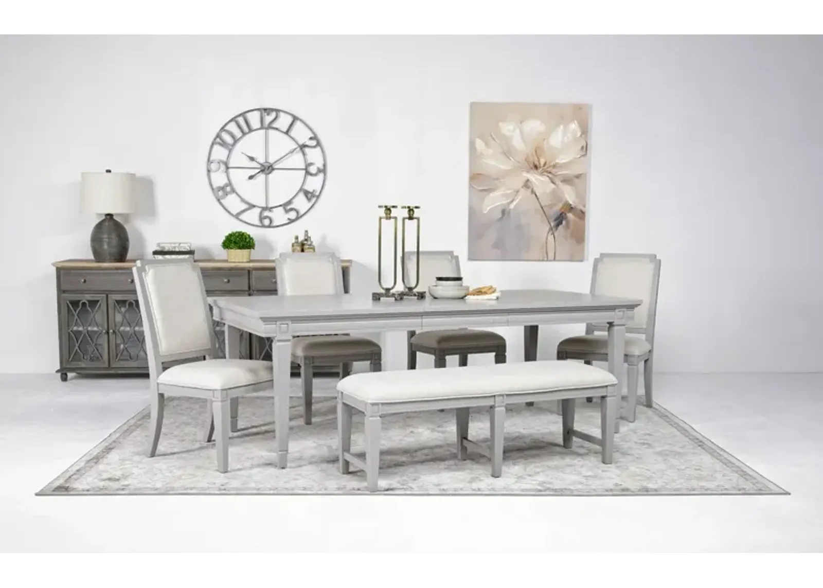 Willowbrook Dining Table, 4 Chairs & Bench in Pebble, Upholstered