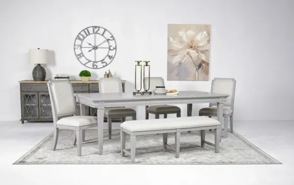 Willowbrook Dining Table, 4 Chairs & Bench in Pebble, Upholstered