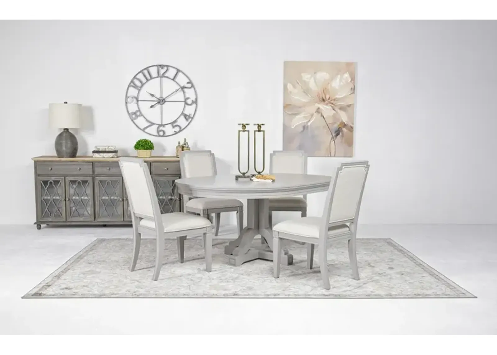 Willowbrook Round Dining Table & 4 Chairs in Pebble, Upholstered