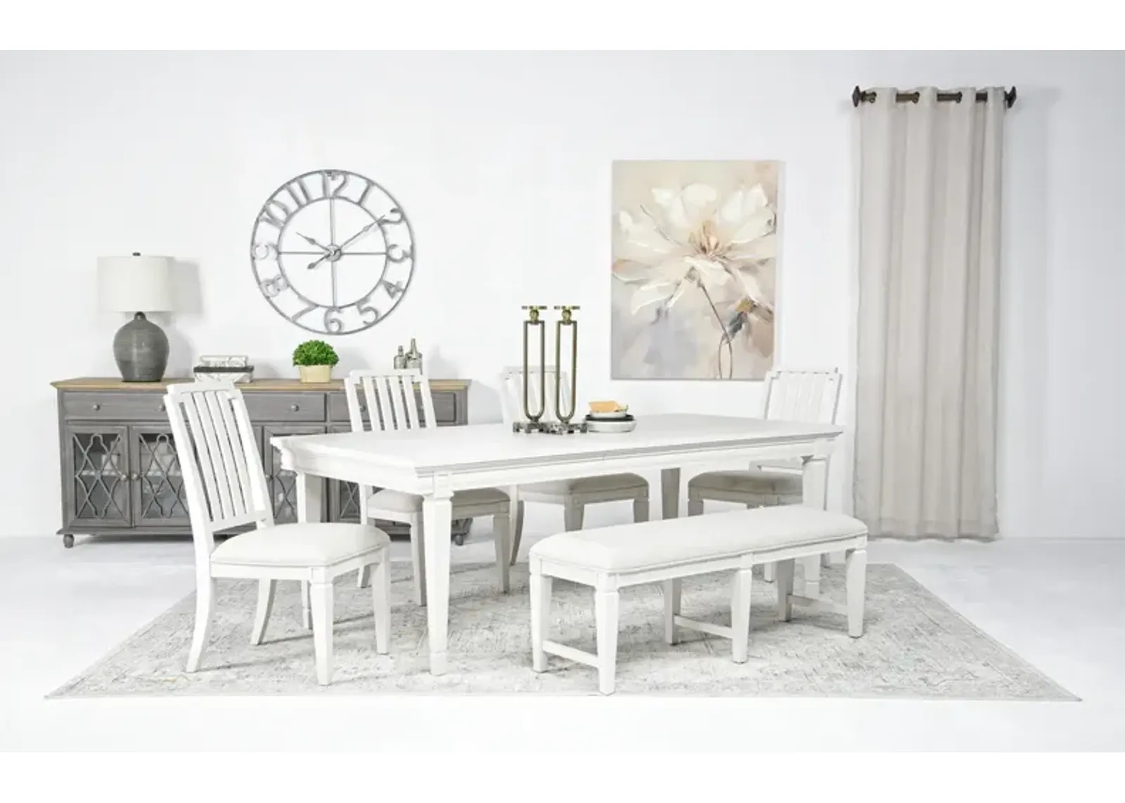 Willowbrook Dining Table, 4 Chairs & Bench in Egg Shell White, Slat