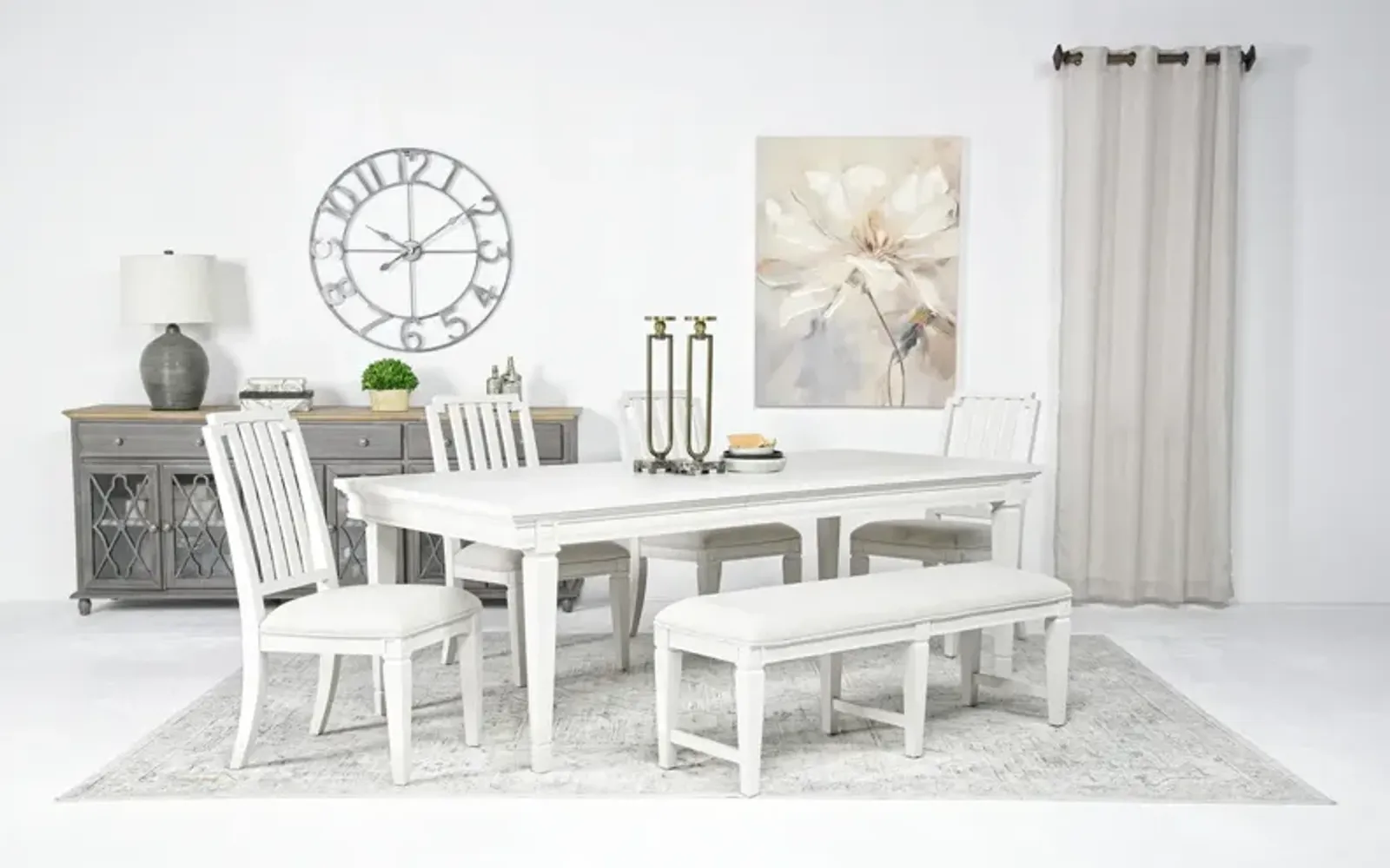 Willowbrook Dining Table, 4 Chairs & Bench in Egg Shell White, Slat