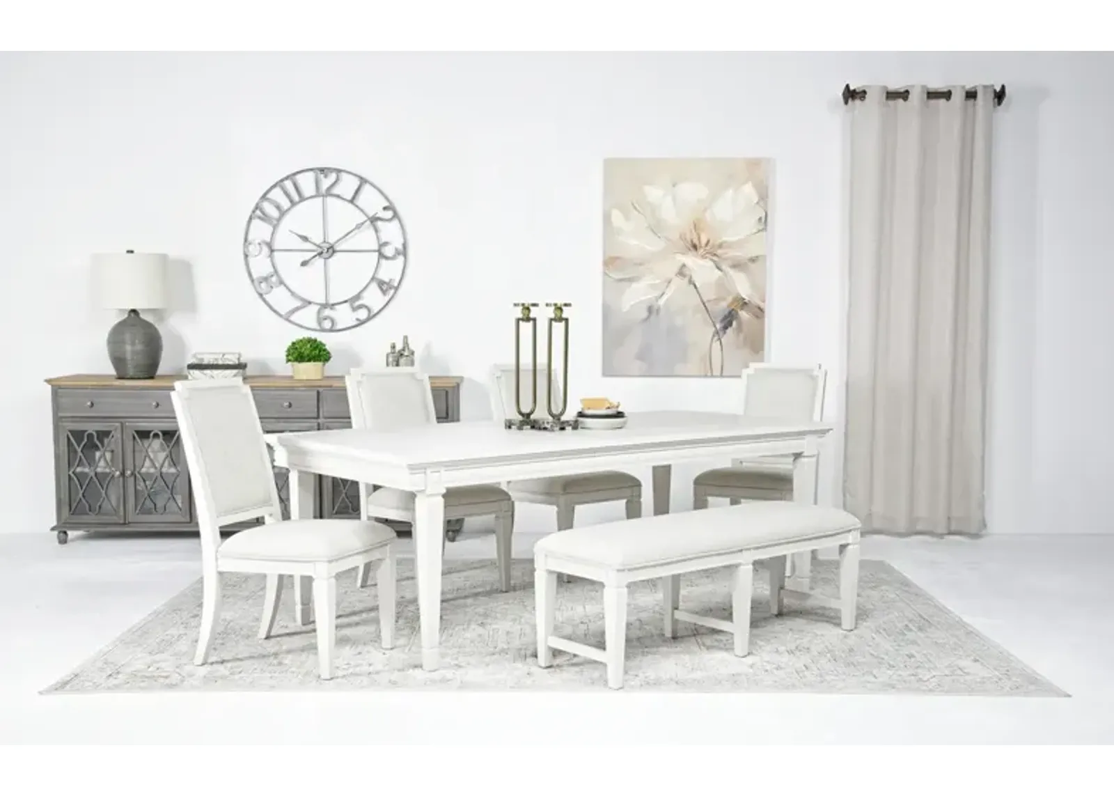 Willowbrook Dining Table, 4 Chairs & Bench in Egg Shell White, Upholstered