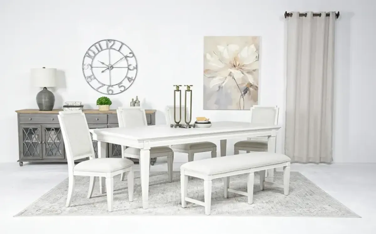 Willowbrook Dining Table, 4 Chairs & Bench in Egg Shell White, Upholstered