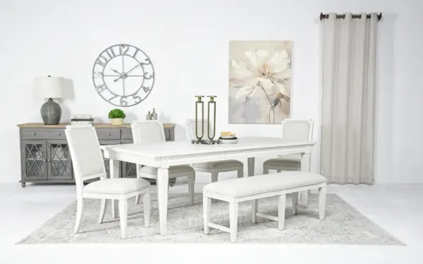 Willowbrook Dining Table, 4 Chairs & Bench in Egg Shell White, Upholstered