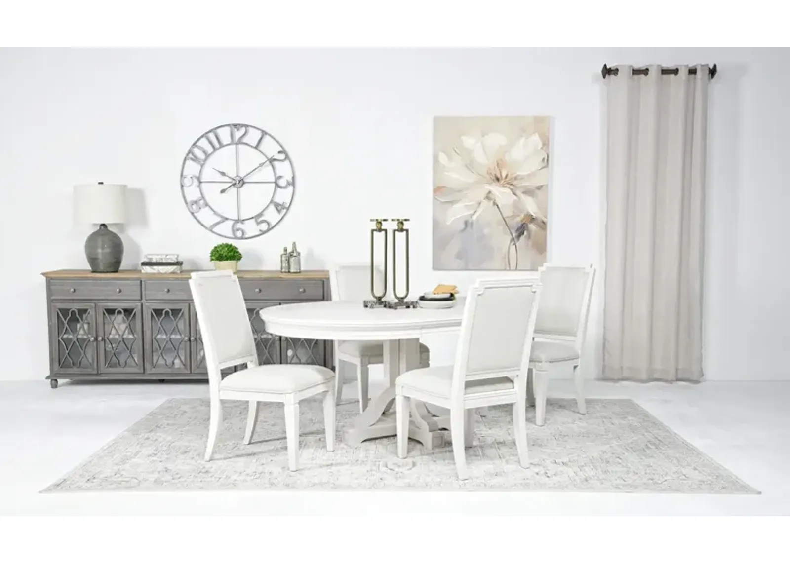 Willowbrook Round Dining Table & 4 Chairs in Egg Shell White, Upholstered