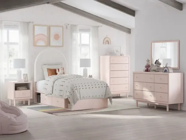 Wistenpine Panel Bed w/ 4 Drawer Storage, Dresser, Mirror & Nightstand in Blush, Twin