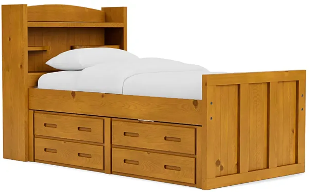 Young Pioneer Bookcase Bed w/ 4 Drawer Storage in Natural, Twin