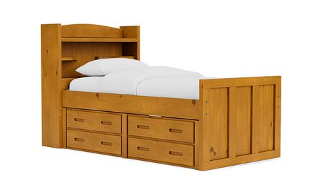 Young Pioneer Bookcase Bed w/ 4 Drawer Storage in Natural, Twin