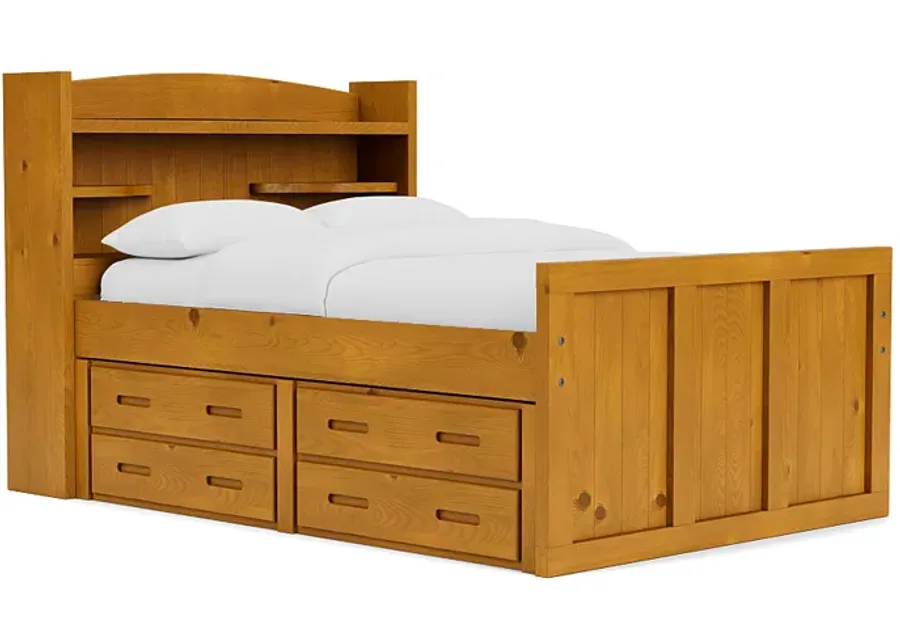 Young Pioneer Bookcase Bed w/ 4 Drawer Storage in Natural, Full