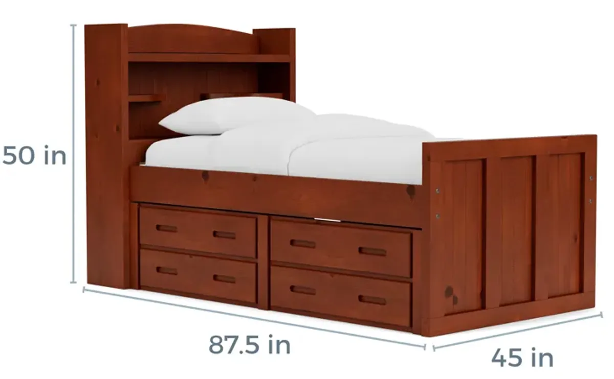 Young Pioneer Bookcase Bed w/ 4 Drawer Storage in Cinnamon, Twin