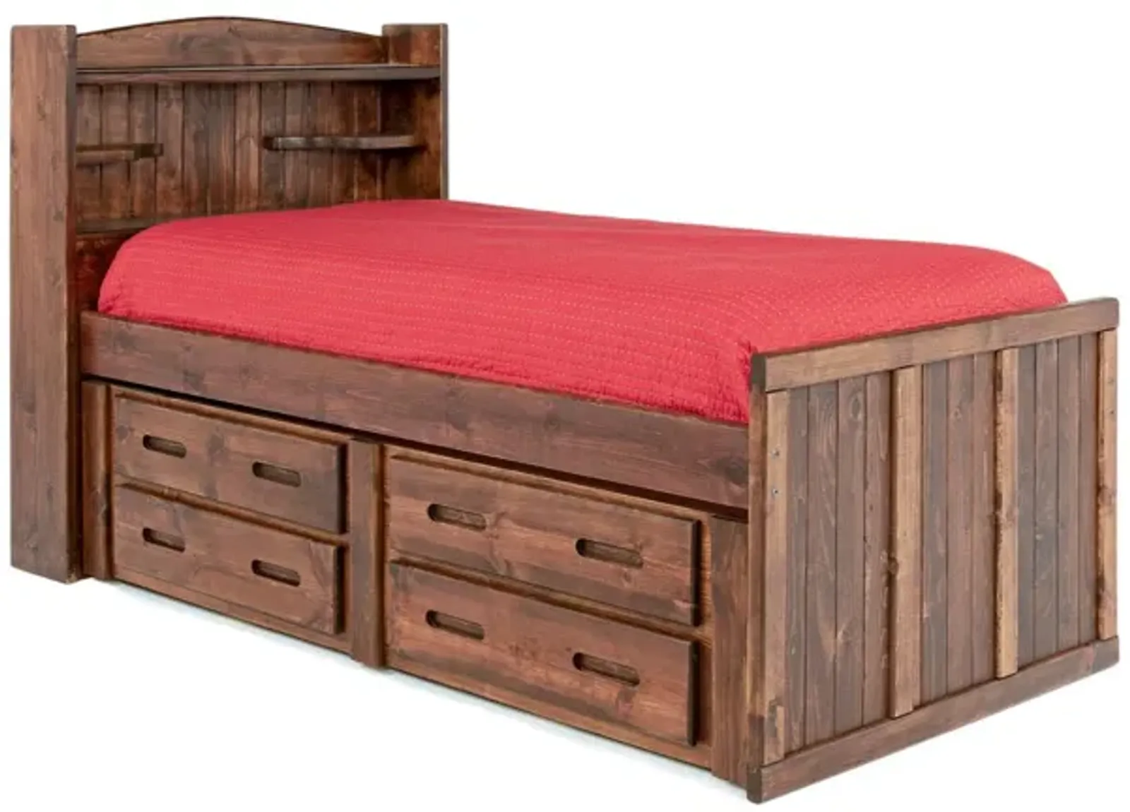 Young Pioneer Bookcase Bed w/ 4 Drawer Storage in Cinnamon, Twin