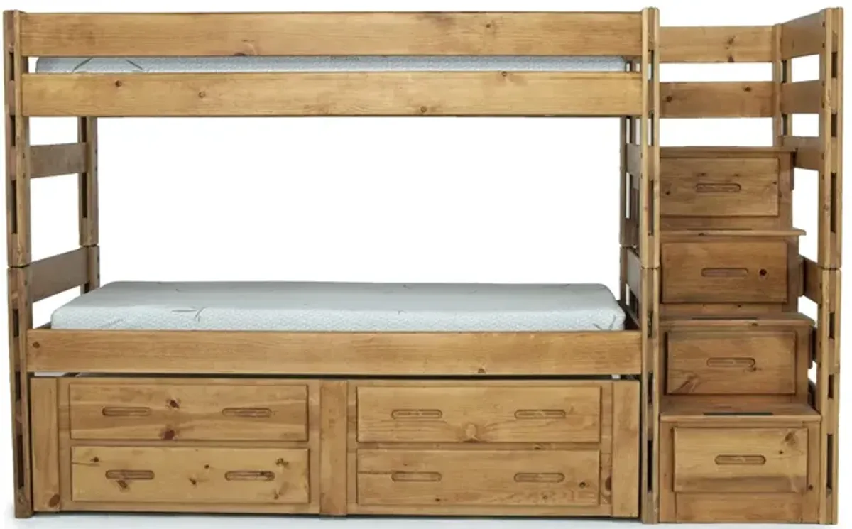 Young Pioneer Bunk w/ Storage Steps & Trundle Bed in Natural, Twin/Twin