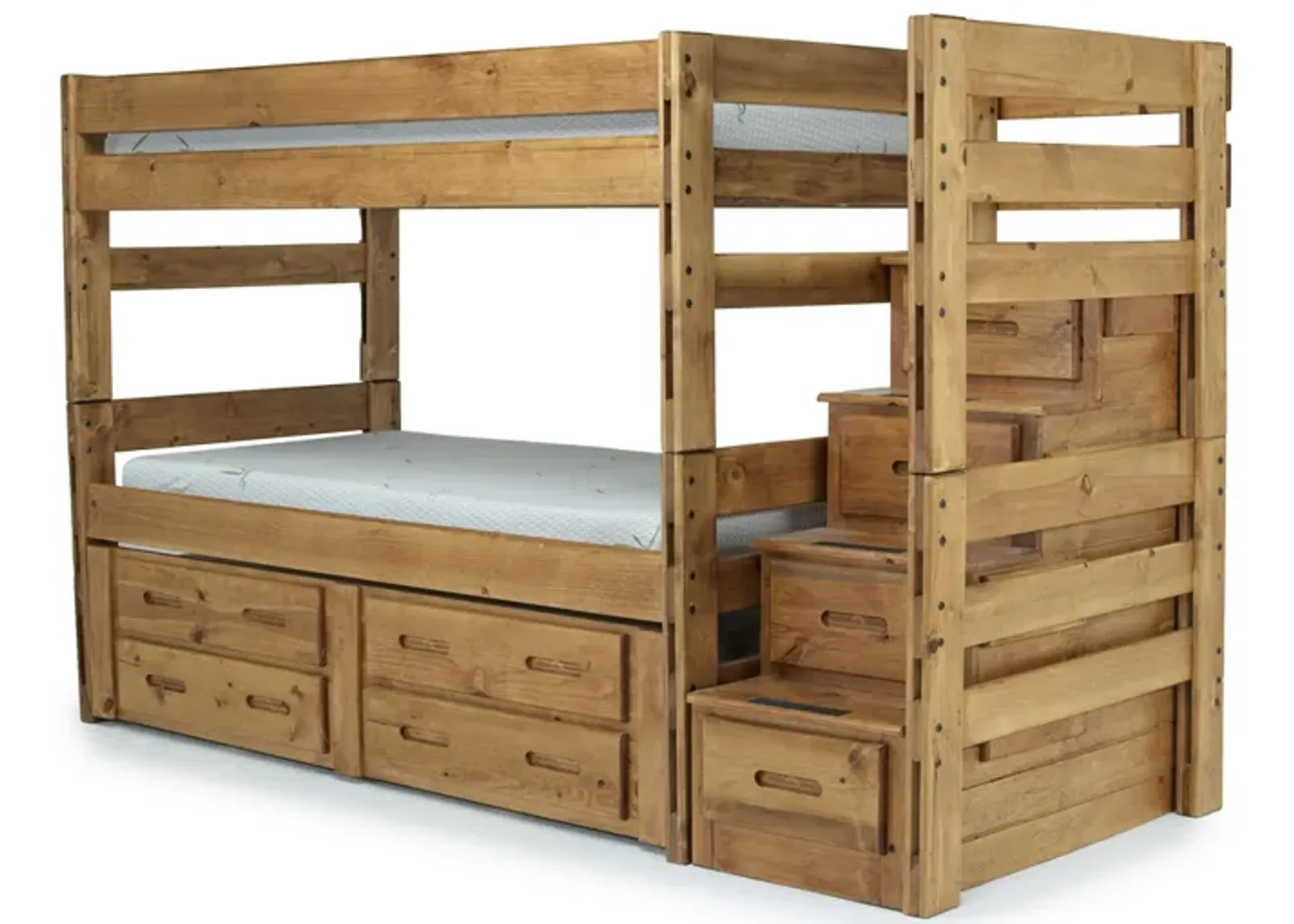 Young Pioneer Bunk w/ Storage Steps & Trundle Bed in Natural, Twin/Twin