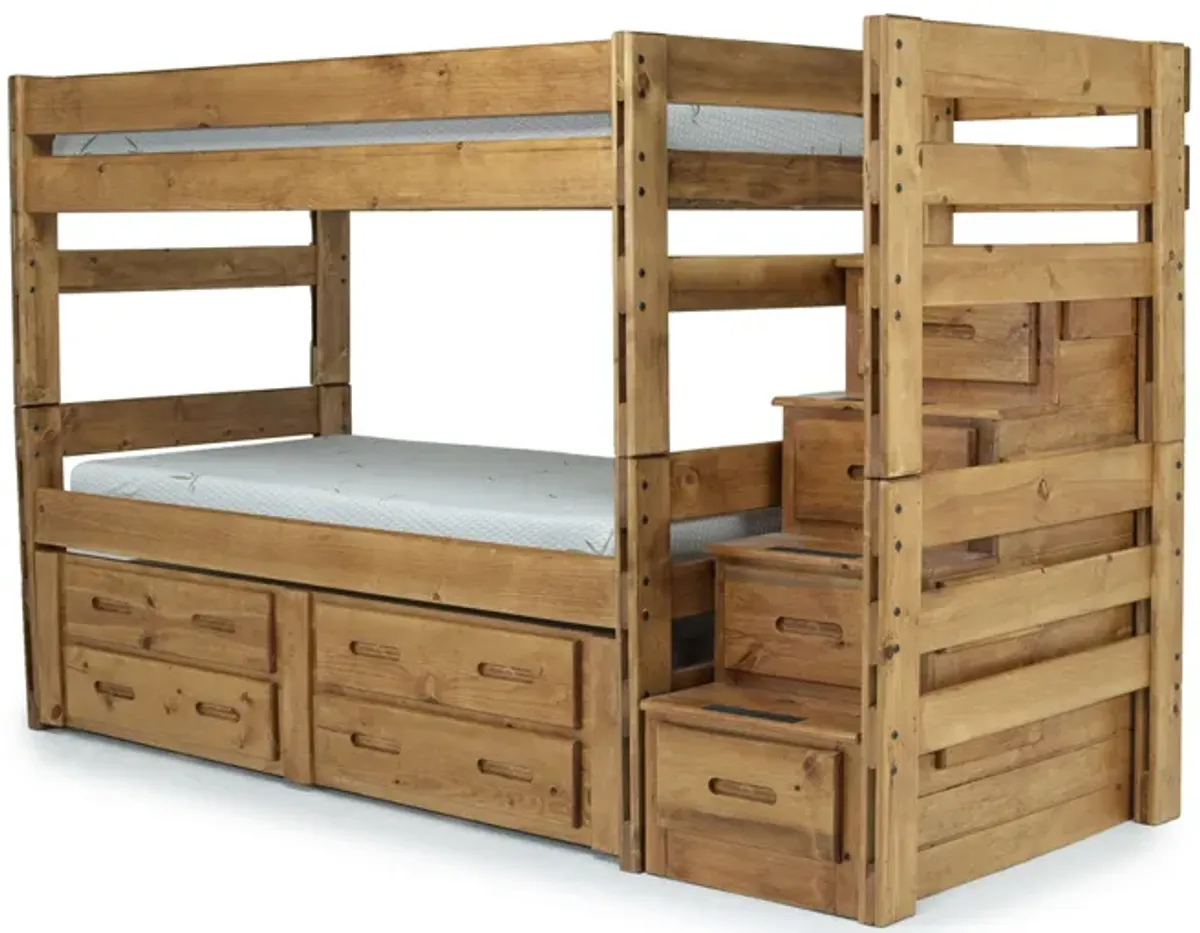 Young Pioneer Bunk w/ Storage Steps & Trundle Bed in Natural, Twin/Twin