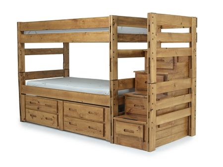 Young Pioneer Bunk w/ Storage Steps & Trundle Bed in Natural, Twin/Twin