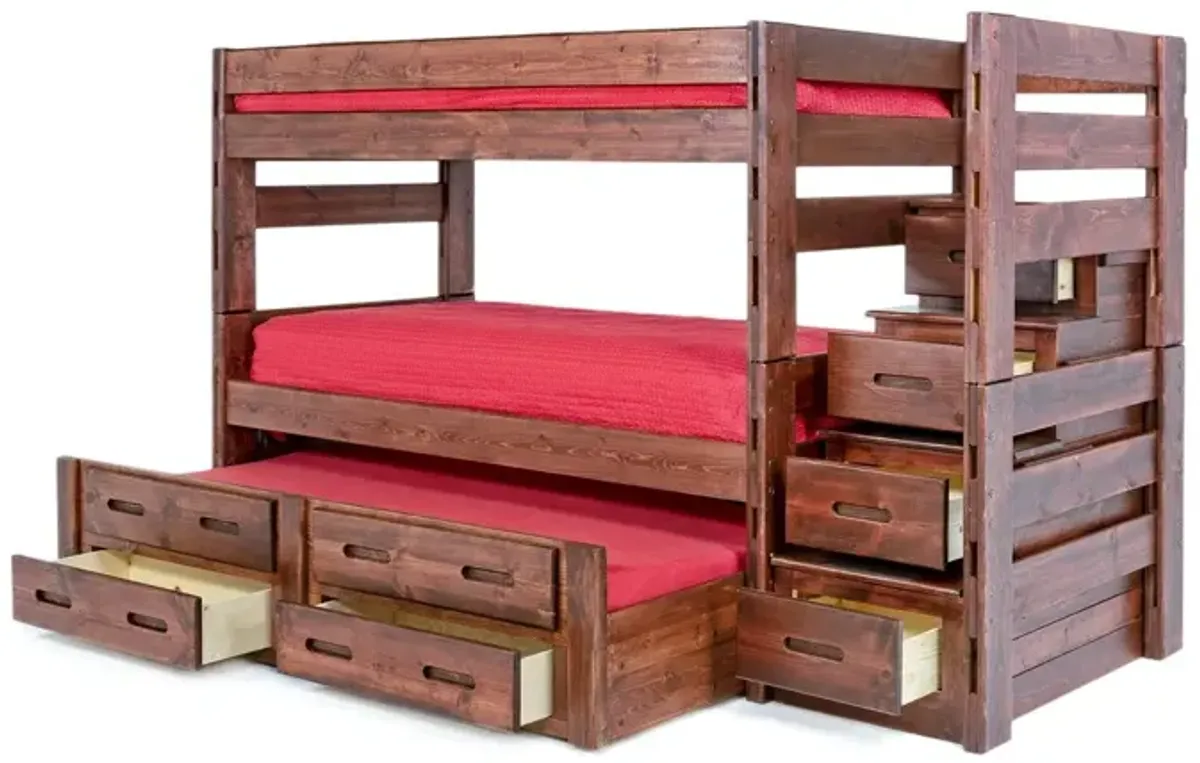 Young Pioneer Bunk w/ Storage Steps & Trundle Bed in Cinnamon, Twin/Twin