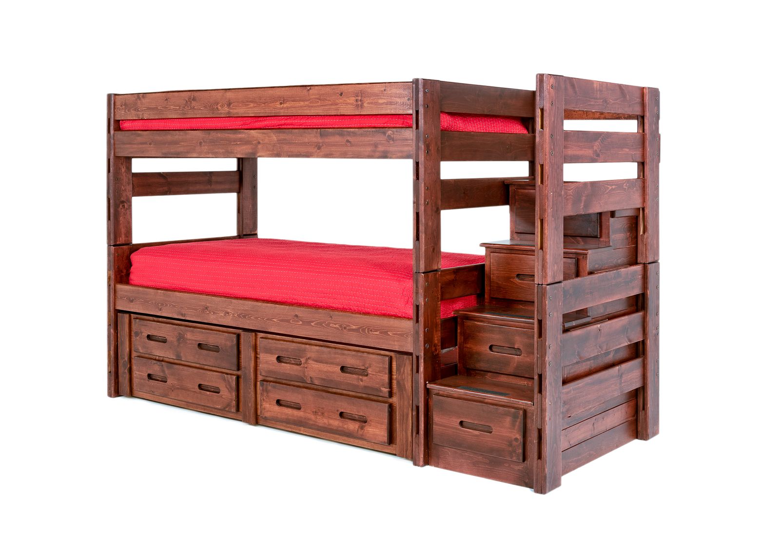 Young Pioneer Bunk w/ Storage Steps & Trundle Bed in Cinnamon, Twin/Twin