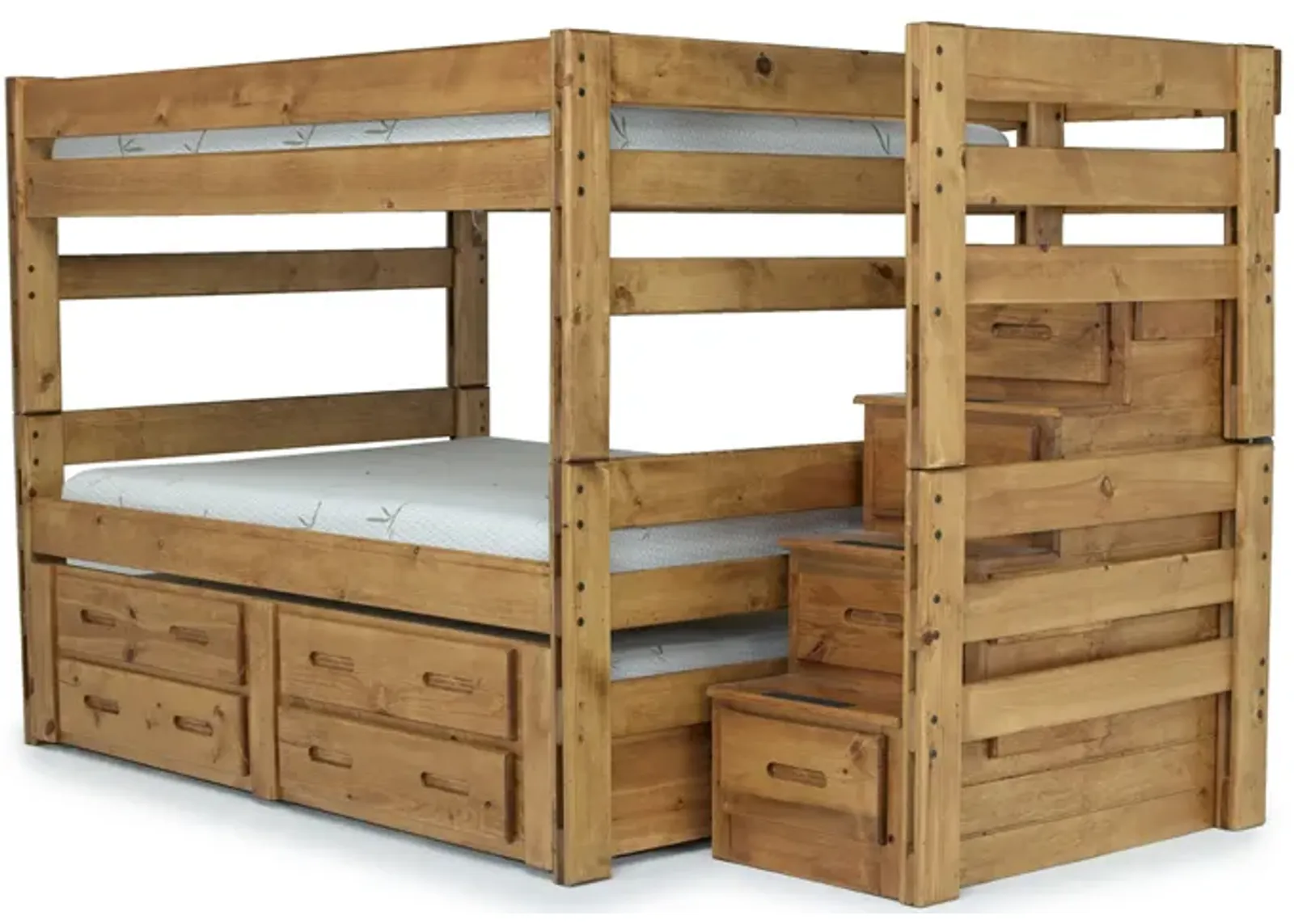 Young Pioneer Bunk w/ Storage Steps & Trundle Bed in Natural, Full/Full