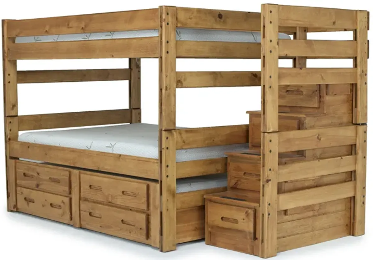 Young Pioneer Bunk w/ Storage Steps & Trundle Bed in Natural, Full/Full