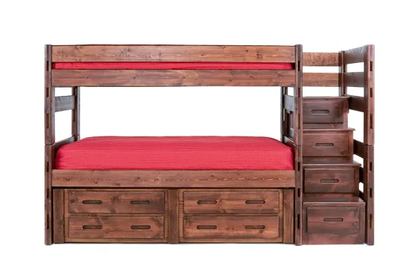 Young Pioneer Bunk w/ Storage Steps & Trundle Bed in Cinnamon, Full/Full