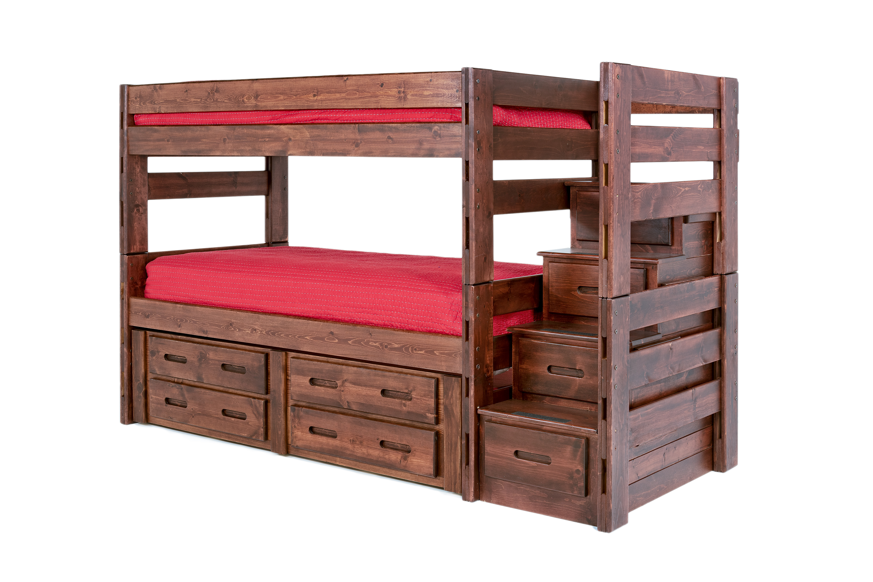 Young Pioneer Bunk w/ Storage Steps & Trundle Bed in Cinnamon, Full/Full