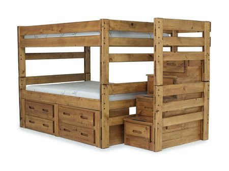 Young Pioneer Bunk Bed w/ Storage Steps & 4 Storage Drawers in Natural, Full/Full