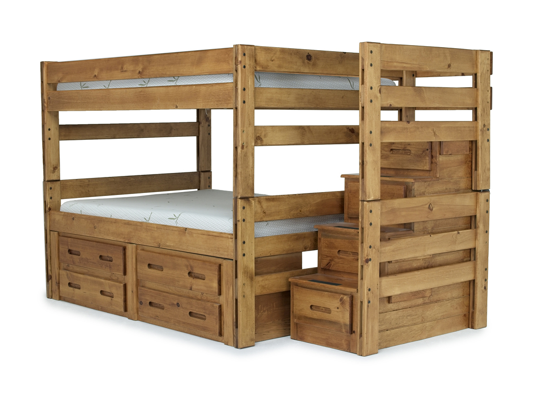 Young Pioneer Bunk Bed w/ Storage Steps & 4 Storage Drawers in Natural, Full/Full