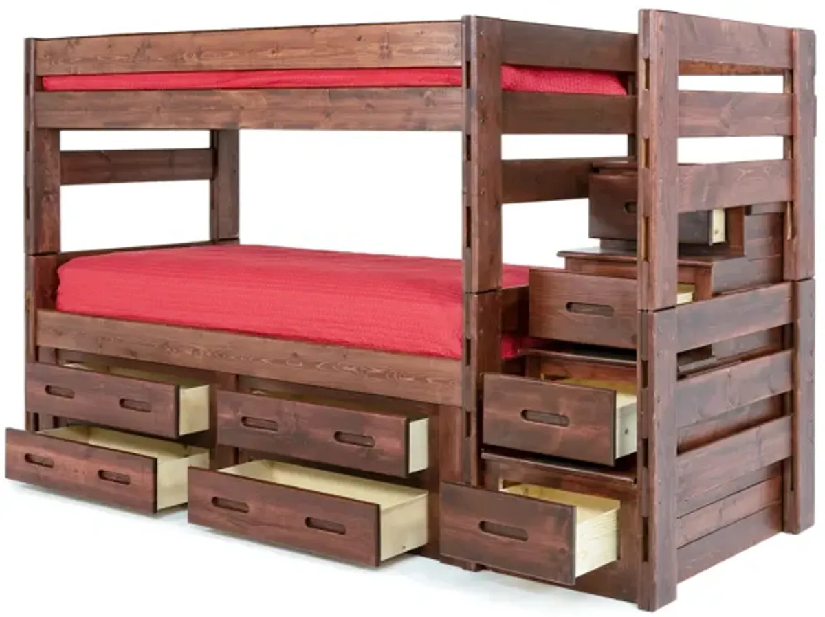 Young Pioneer Bunk Bed w/ Storage Steps & 4 Storage Drawers in Cinnamon, Twin/Twin