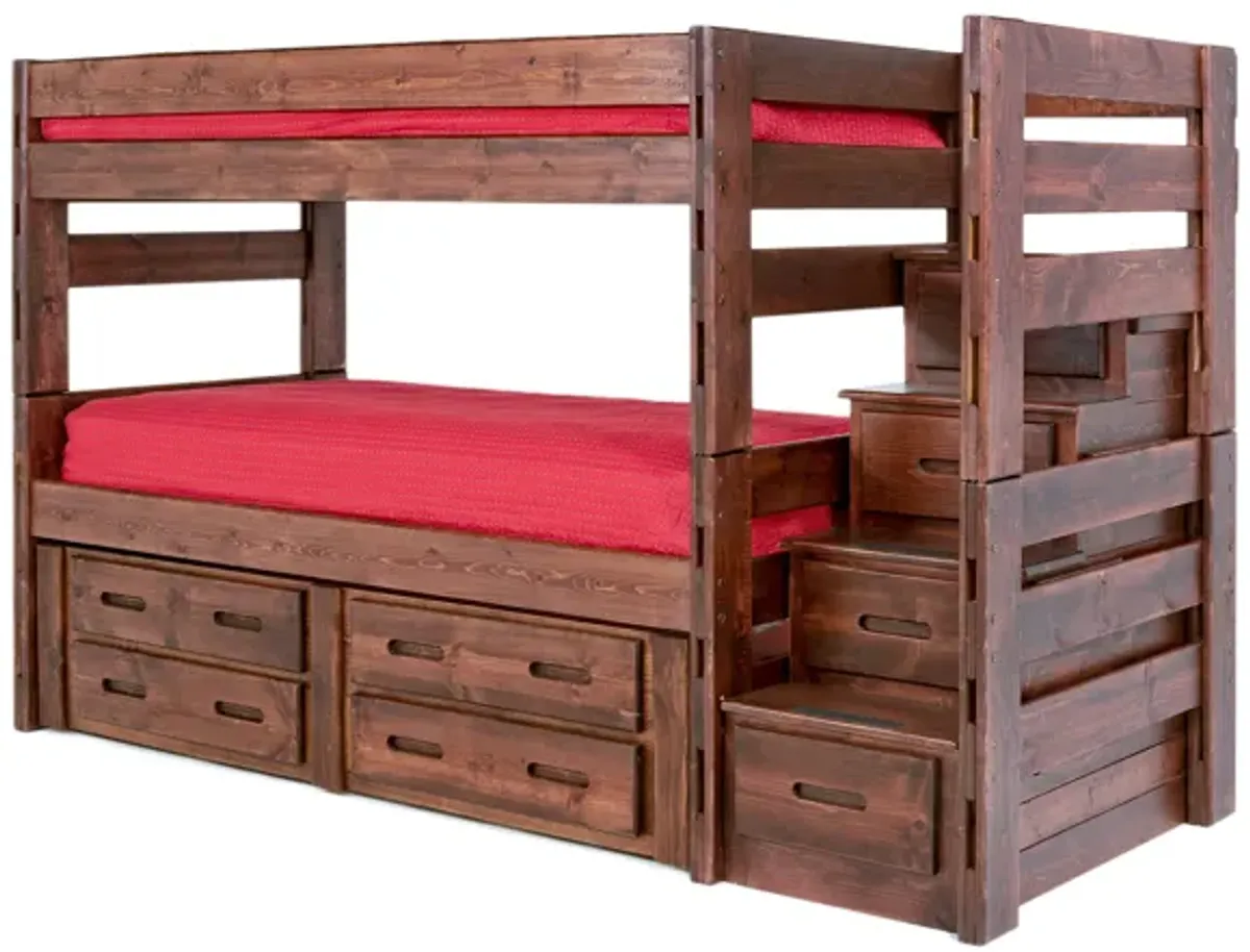 Young Pioneer Bunk Bed w/ Storage Steps & 4 Storage Drawers in Cinnammon, Full/Full