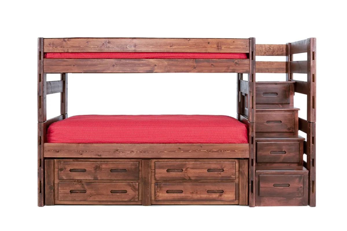 Young Pioneer Bunk Bed w/ Storage Steps & 4 Storage Drawers in Cinnammon, Full/Full