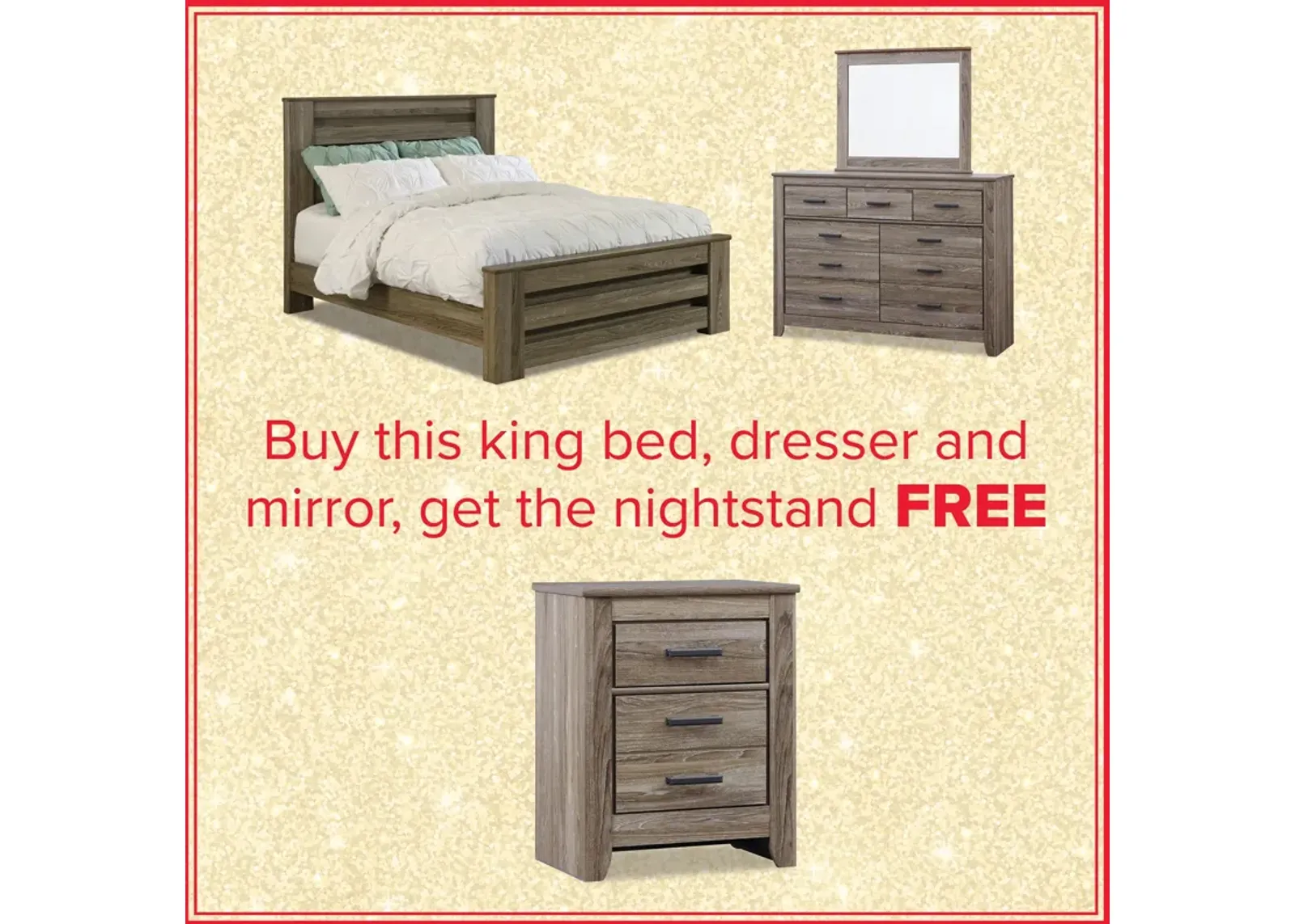 Zelen King Bed, Dresser, Mirror And Free Nightstand