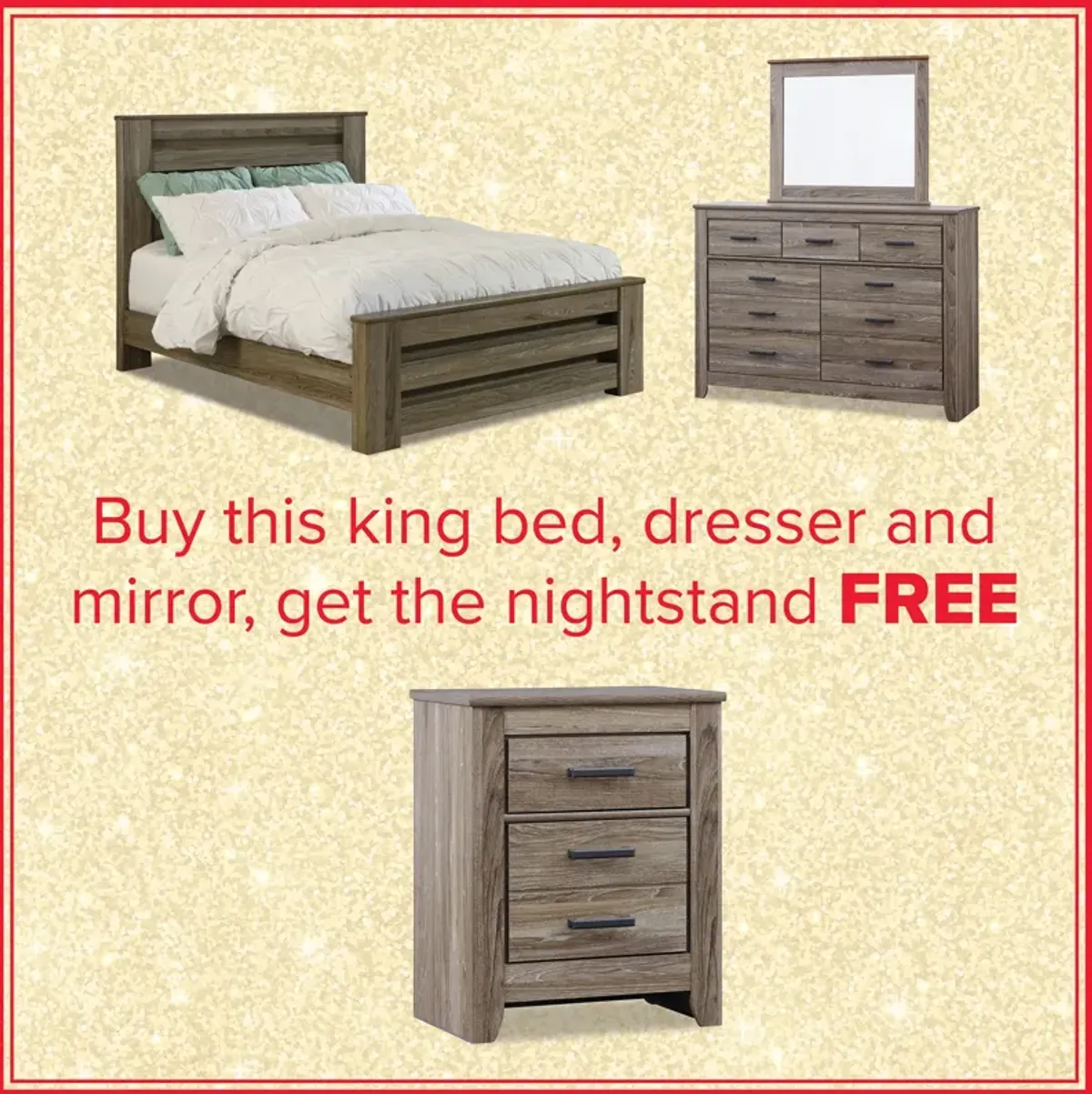 Zelen King Bed, Dresser, Mirror And Free Nightstand