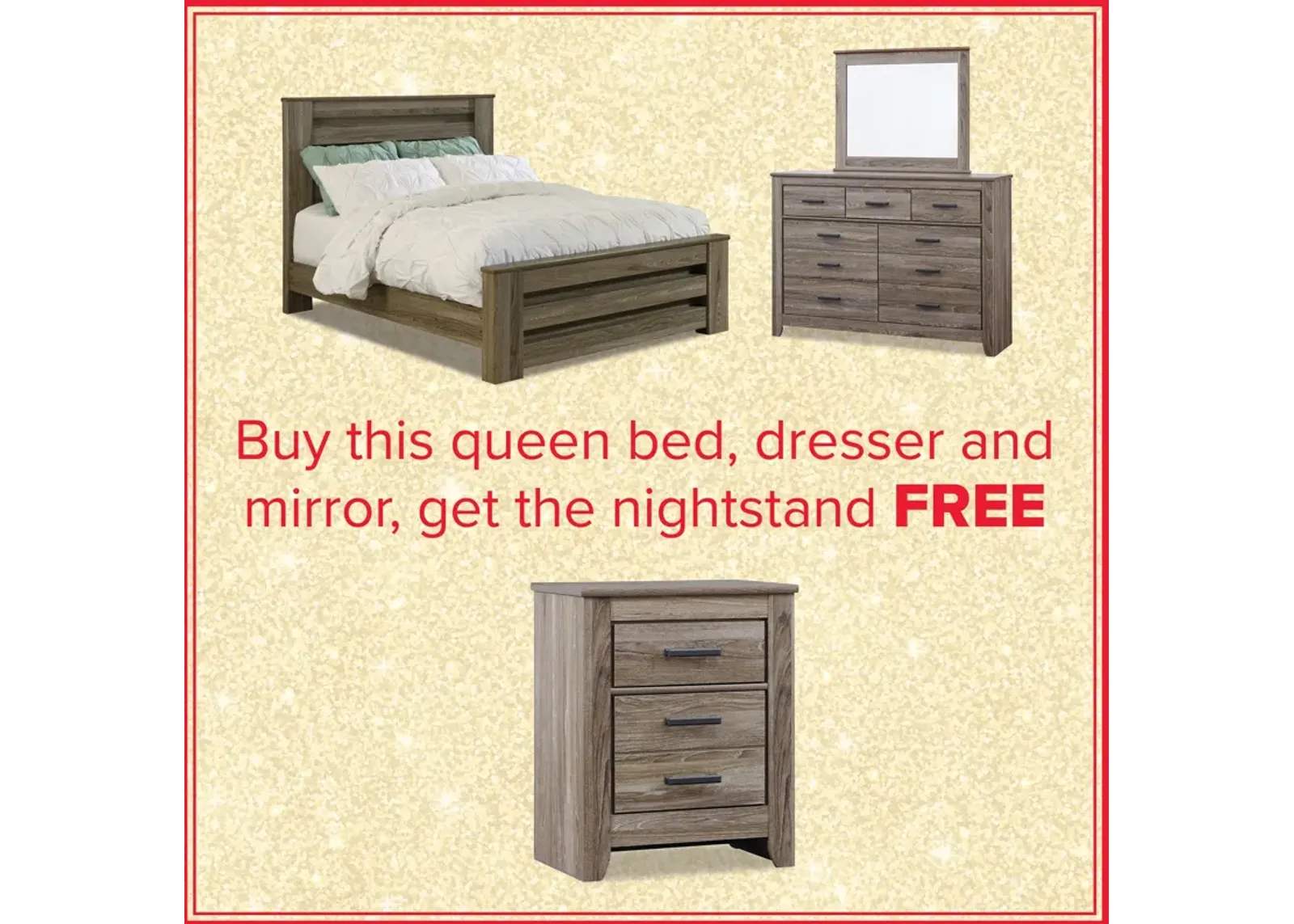 Zelen Queen Bed, Dresser, Mirror And Free Nightstand