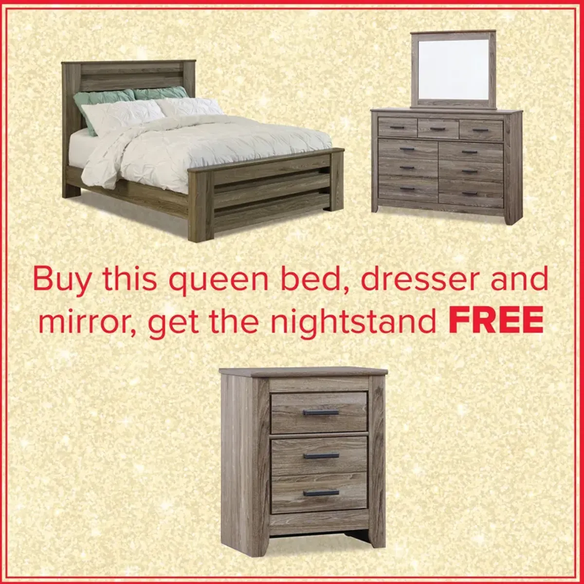 Zelen Queen Bed, Dresser, Mirror And Free Nightstand