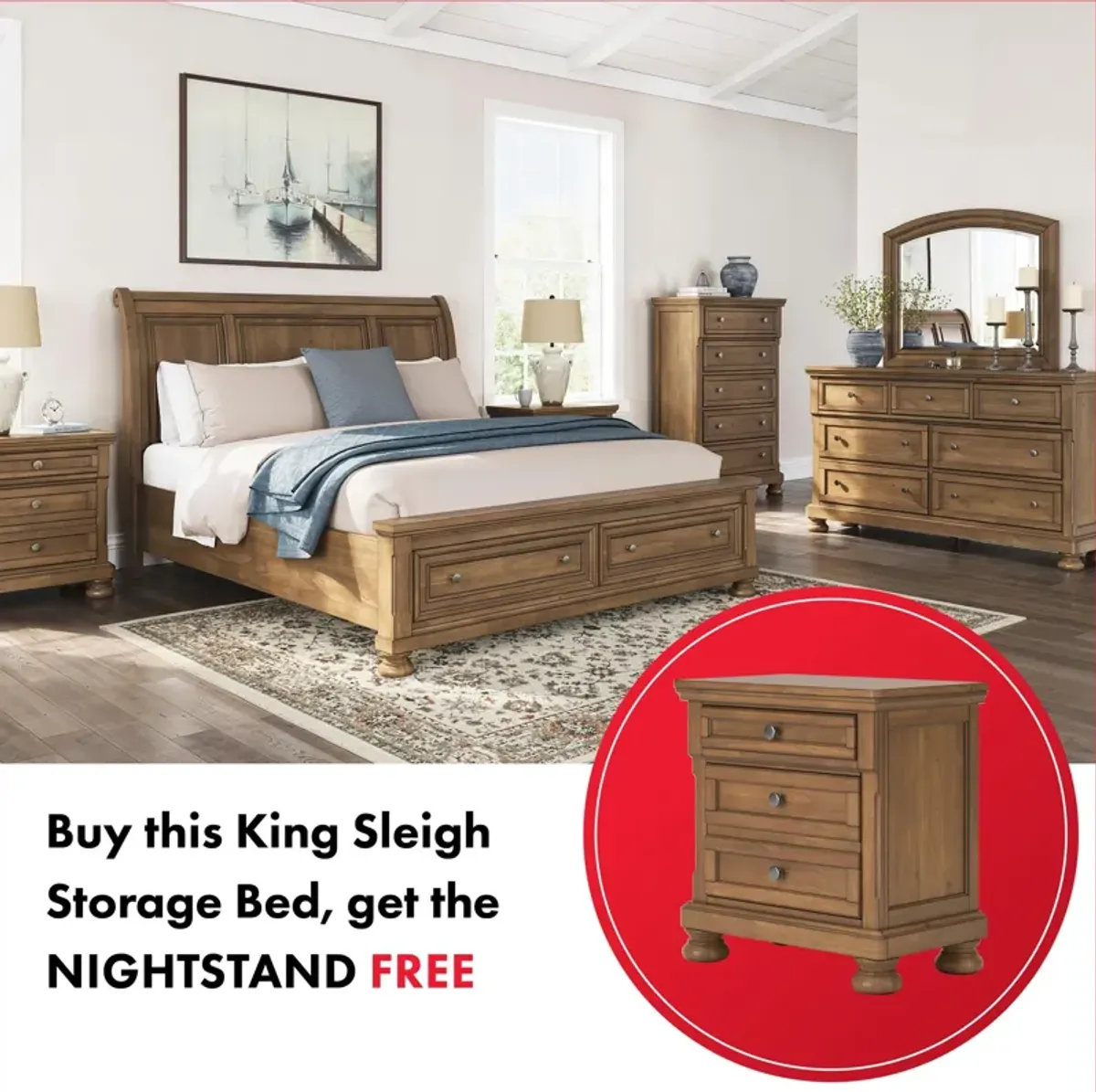 Vandenmore King Sleigh Storage Bed With Free Nightstand!