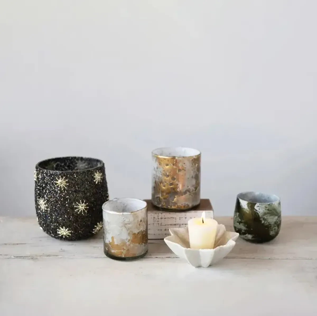 Glass Tealight Holder with Antique Marbled Finish