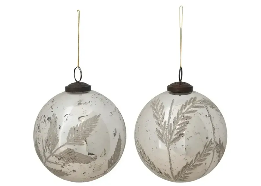 Mercury Glass Ball Ornament with Etched Botanical, Distressed Silver Finish, 2 Styles