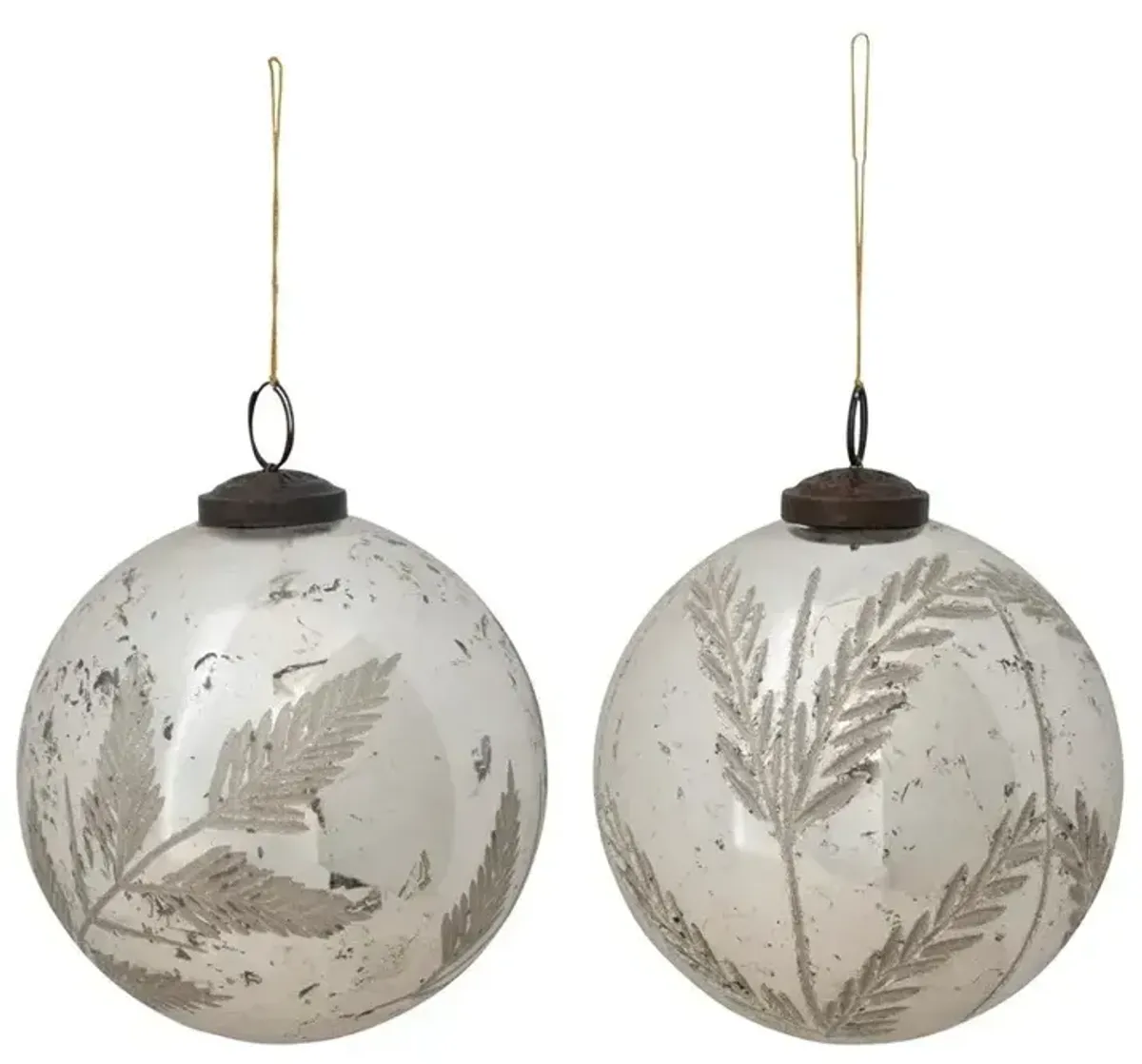 Mercury Glass Ball Ornament with Etched Botanical, Distressed Silver Finish, 2 Styles