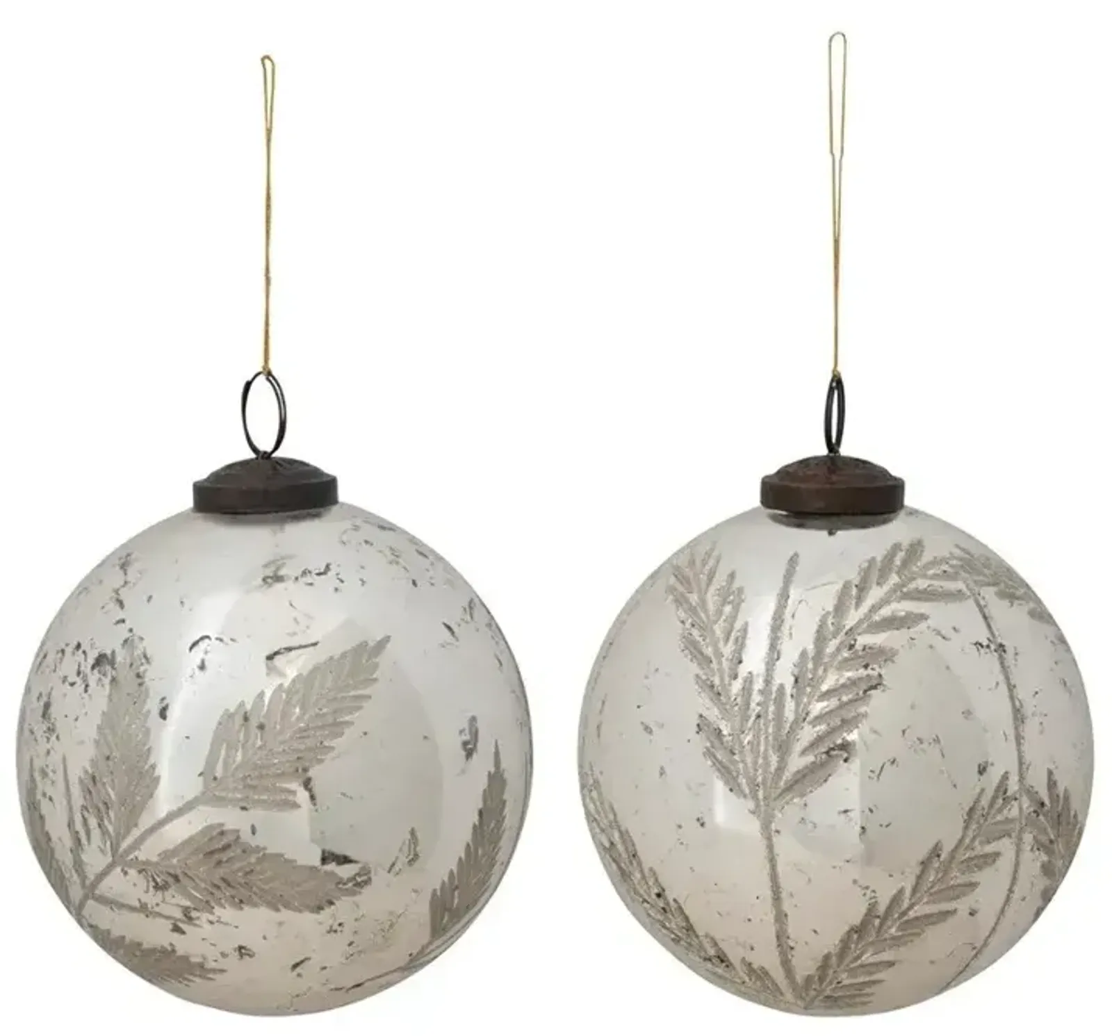 Mercury Glass Ball Ornament with Etched Botanical, Distressed Silver Finish, 2 Styles