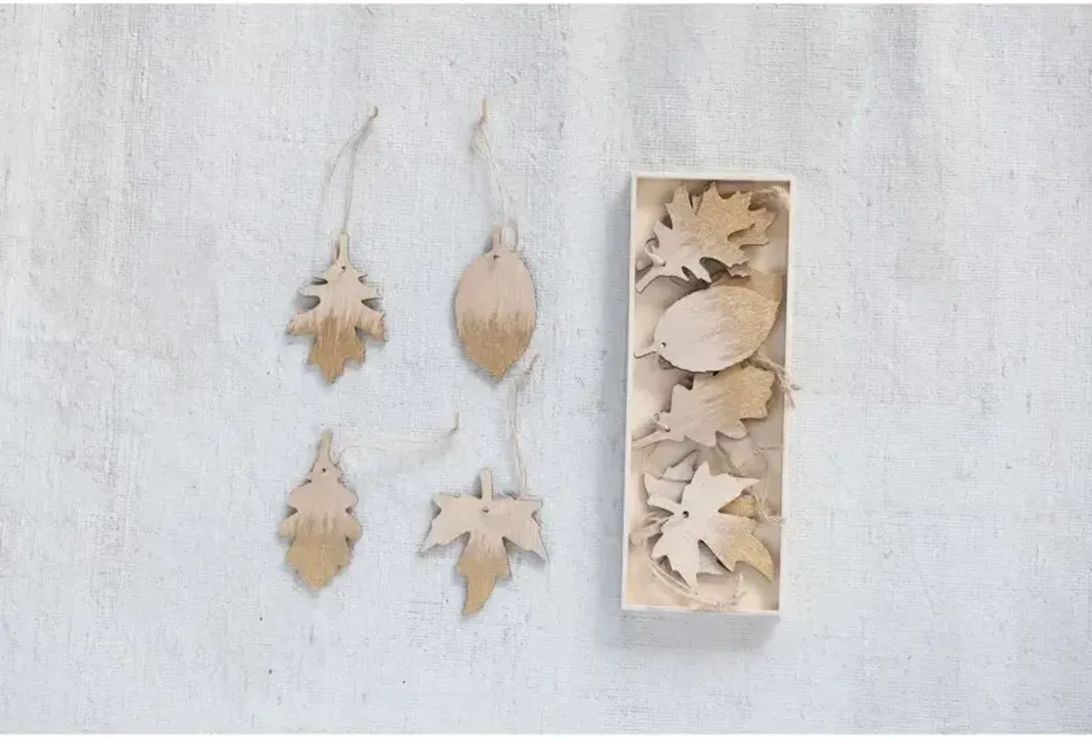 Wood Leaf Ornaments with Gold Brushing, 4 Styles, Boxed Set of 12