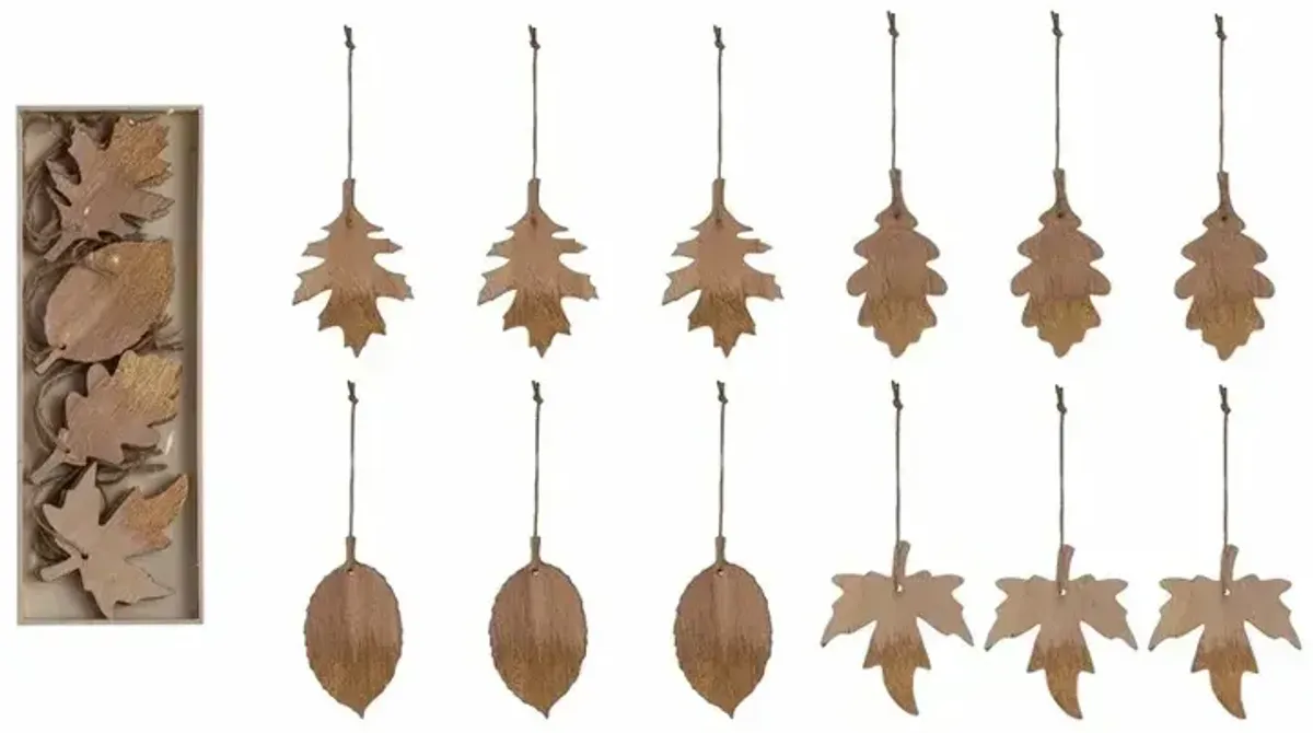 Wood Leaf Ornaments with Gold Brushing, 4 Styles, Boxed Set of 12