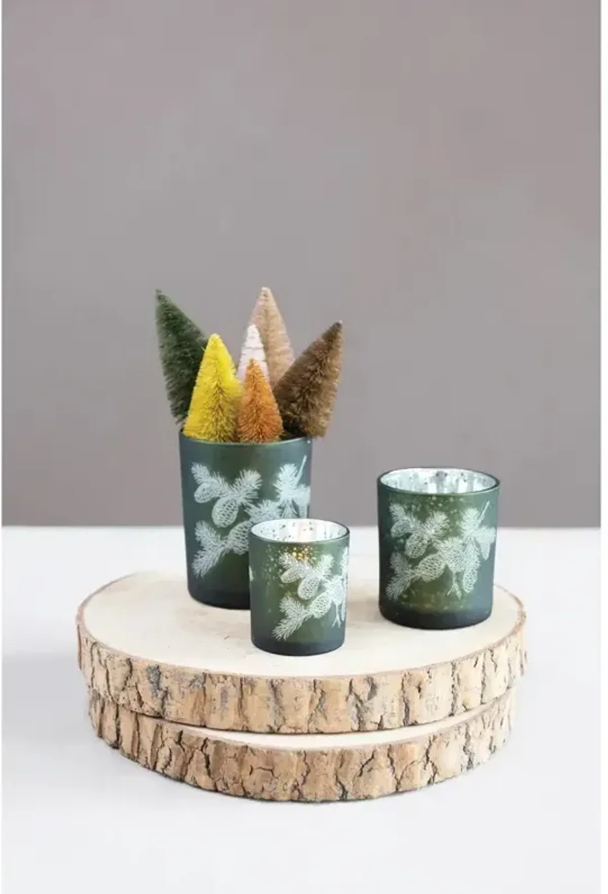 Mercury Glass Candle Holder with Laser Etched Pinecones, Green