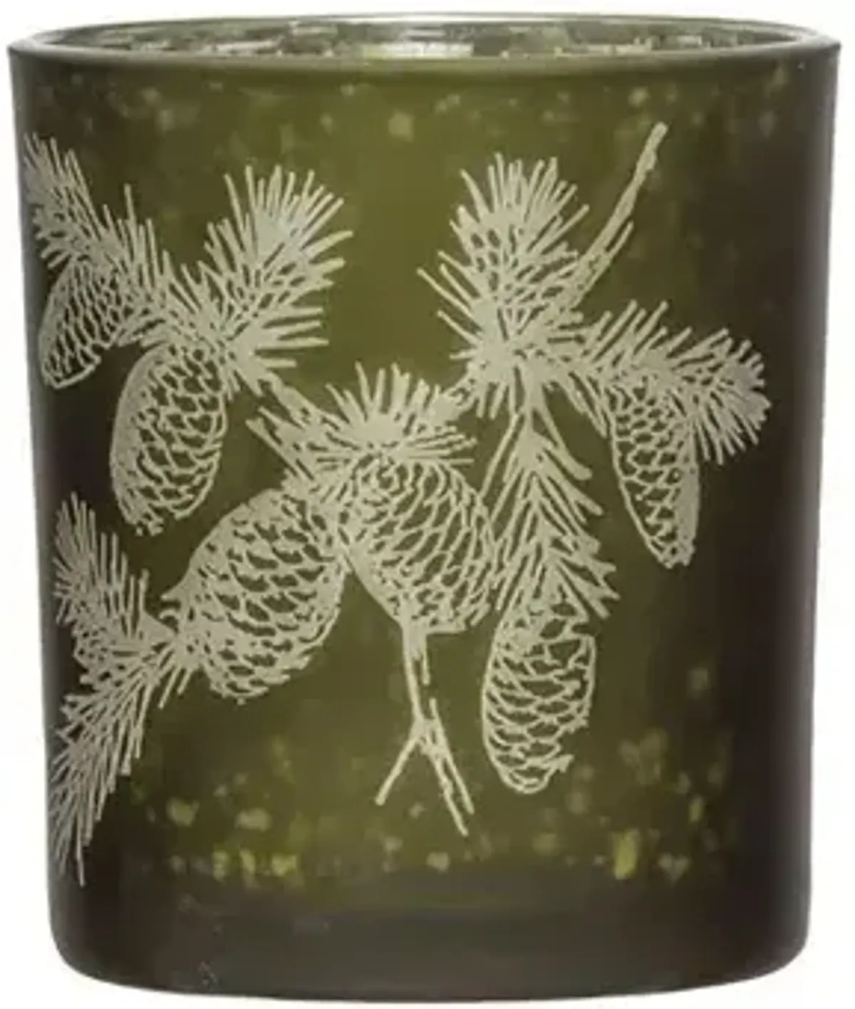 Mercury Glass Candle Holder with Laser Etched Pinecones, Green