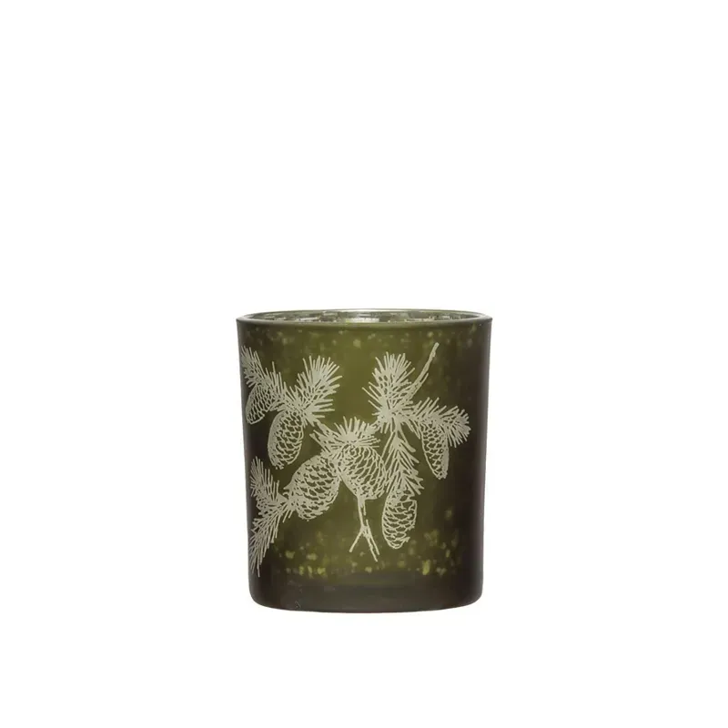 Mercury Glass Candle Holder with Laser Etched Pinecones, Green