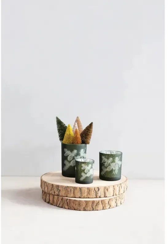 Mercury Glass Candle Holder with Laser Etched Pinecones, Green