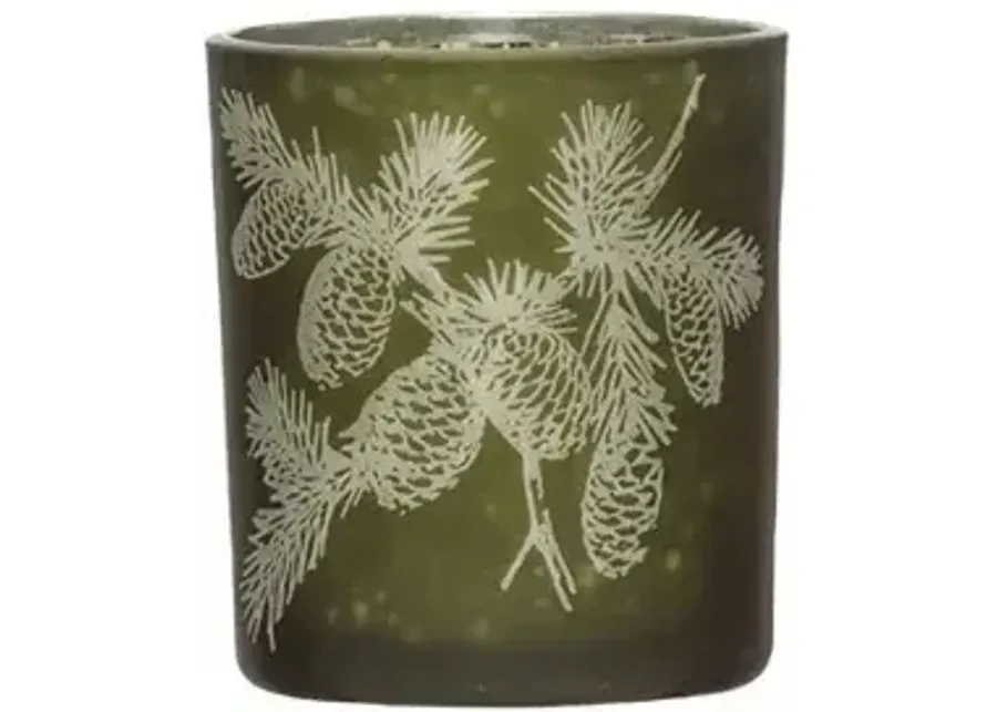 Mercury Glass Candle Holder with Laser Etched Pinecones, Green