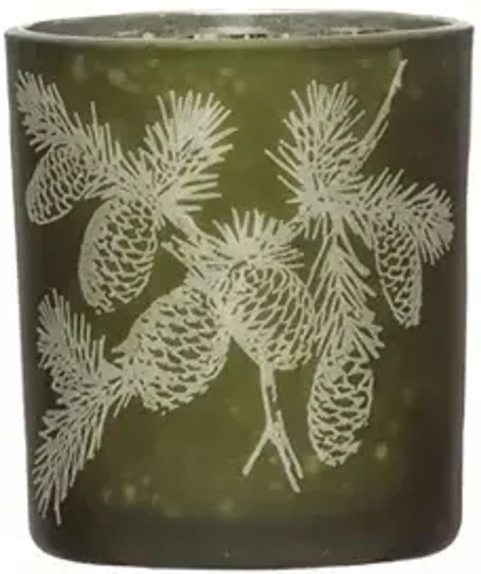 Mercury Glass Candle Holder with Laser Etched Pinecones, Green