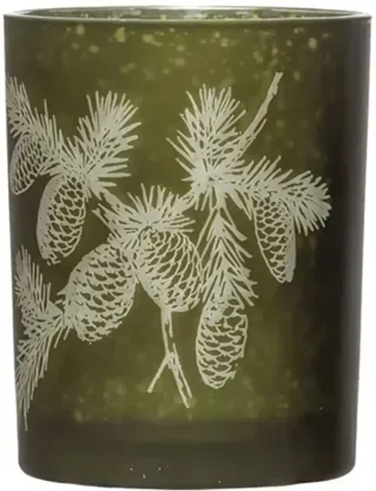 Mercury Glass Candle Holder with Laser Etched Pinecones, Green